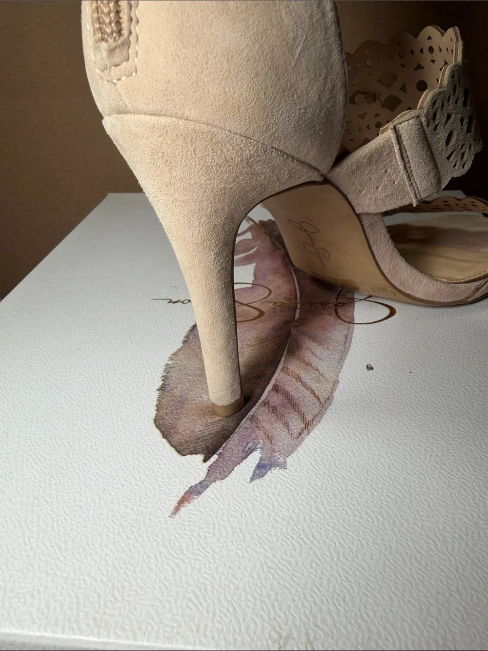 Jessica Simpson Nude Laser-Cut Suede Heel Sandals 4 inches